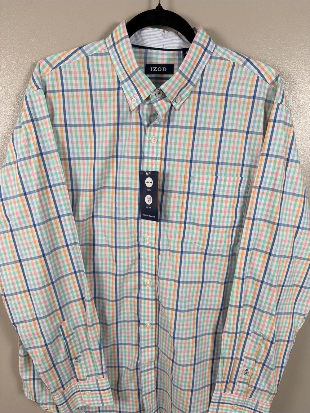 Izod Men's Plaid Button-Down Shirt - Light Blue, Pink & Green Long Sleeve Size L